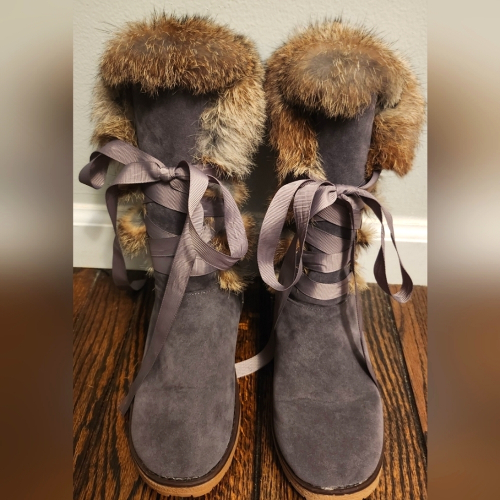 Handmade Cinnabelle Rabbit Fur and Suede Leather Lace up Boots - Picture 2 of 10
